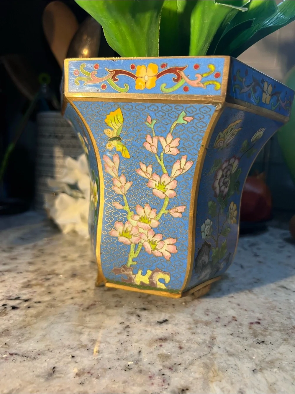 Blue Floral Cloisonné Decorative Planter read below